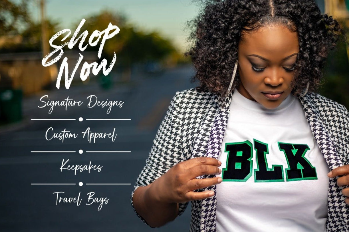 Woman wearing a white t-shirt with 'BLK' text, standing outdoors with promotional text overlay.