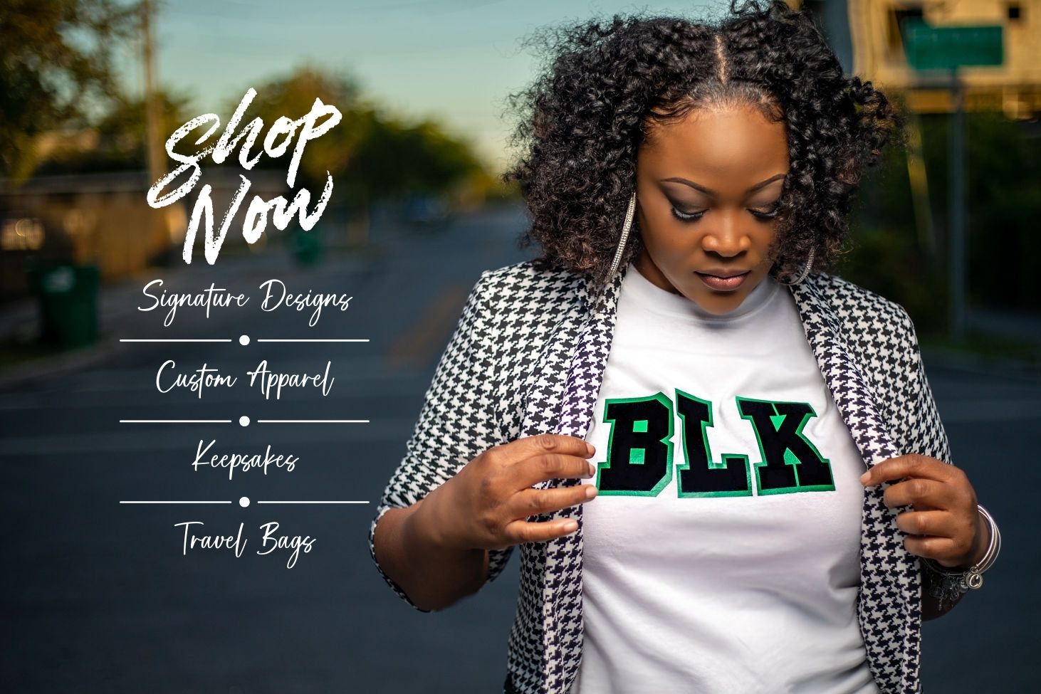 Woman wearing a white t-shirt with 'BLK' text, standing outdoors with promotional text overlay.